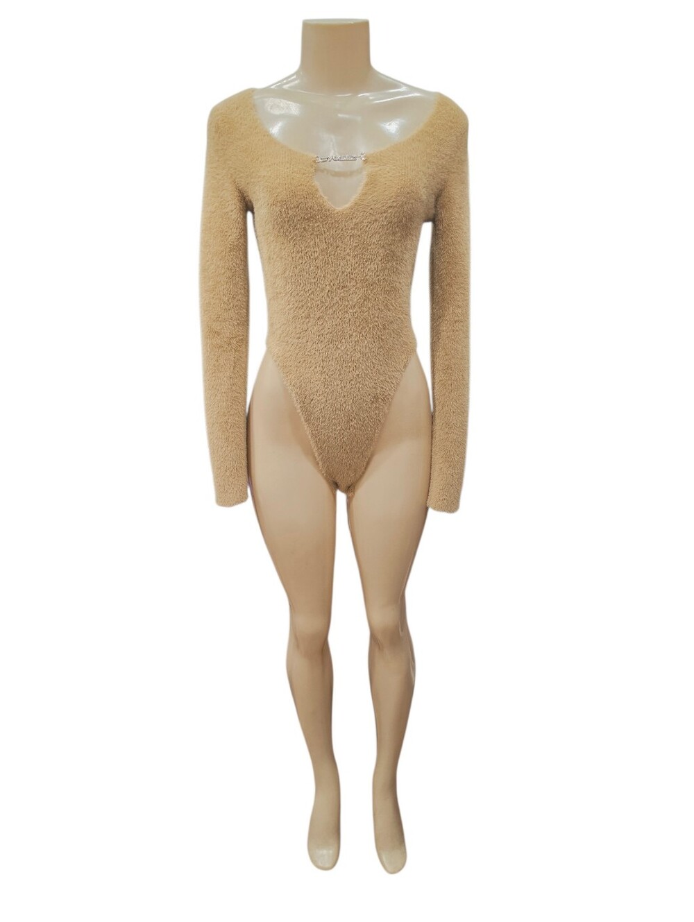 JYOSEI Tan Fuzzy Knit Bodysuit Long Sleeve High Cut Rhinestone Hardware